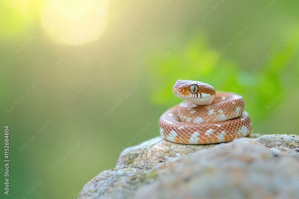 Poster a close-up of a coiled snake resting on a rock, surrounded by a soft, blurred background.