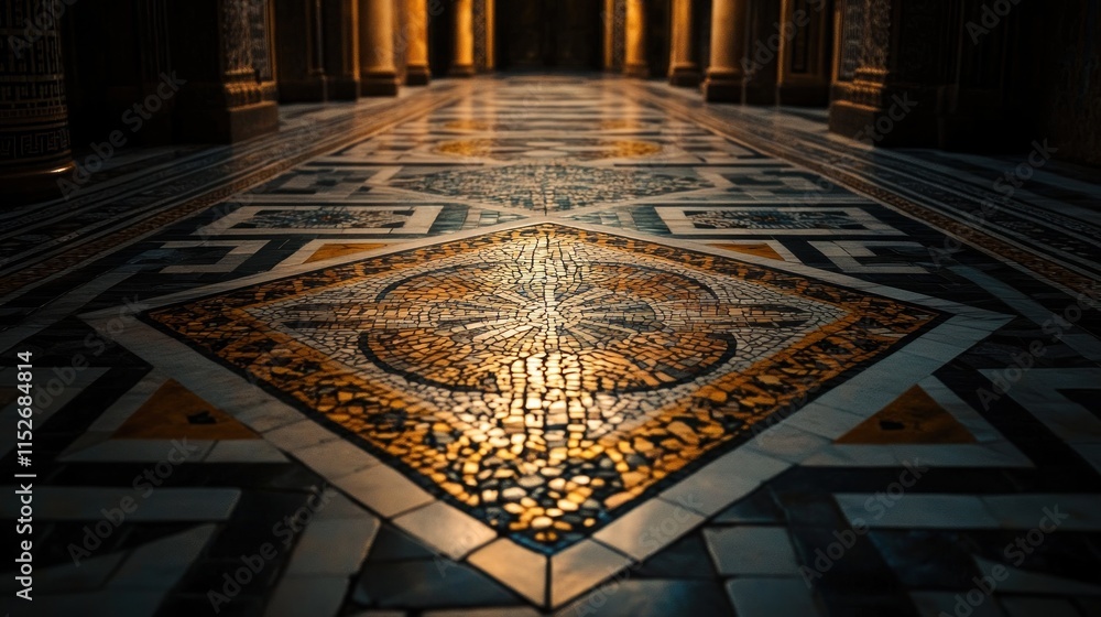 Aufkleber a beautifully patterned floor with intricate designs and warm lighting in an architectural space.