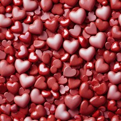 A seamless pattern of vibrant red hearts of varying sizes, scattered across a bright, soft pink background. 