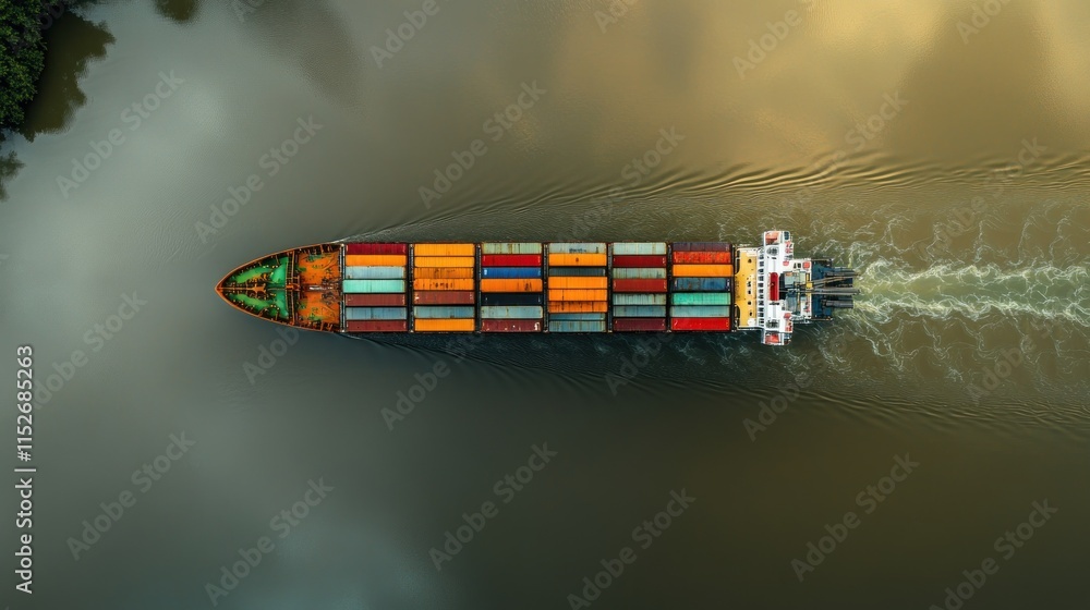 Poster aerial view of a cargo ship navigating through calm waters, showcasing colorful containers.