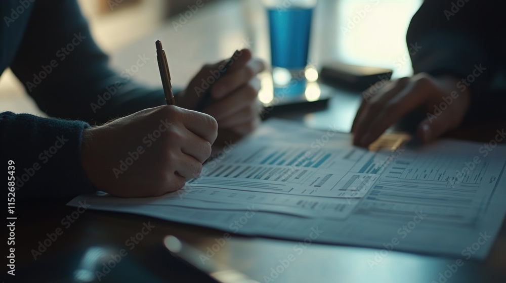 Poster a close-up of hands reviewing documents with data charts and a glass of water in the background.