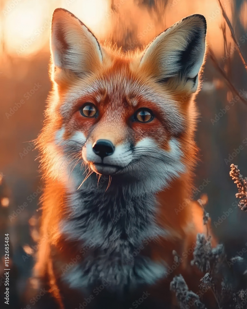 Poster a close-up of a fox with vibrant fur in a natural setting during sunset.