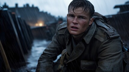 Fototapeta premium Young soldier in a muddy trench during rainfall, staring intensely with a backdrop of a wartime battlefield