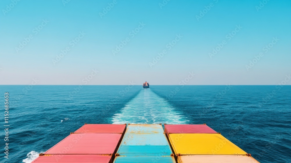 Poster a cargo ship navigating through calm waters, viewed from the bow with colorful containers.