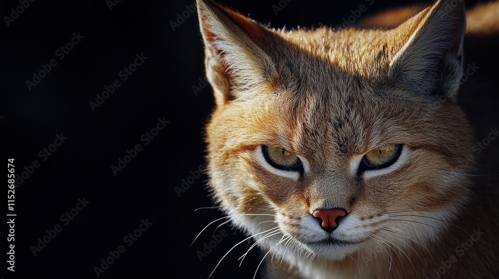 Poster a close-up of a focused wild cat with striking eyes and fur patterns.