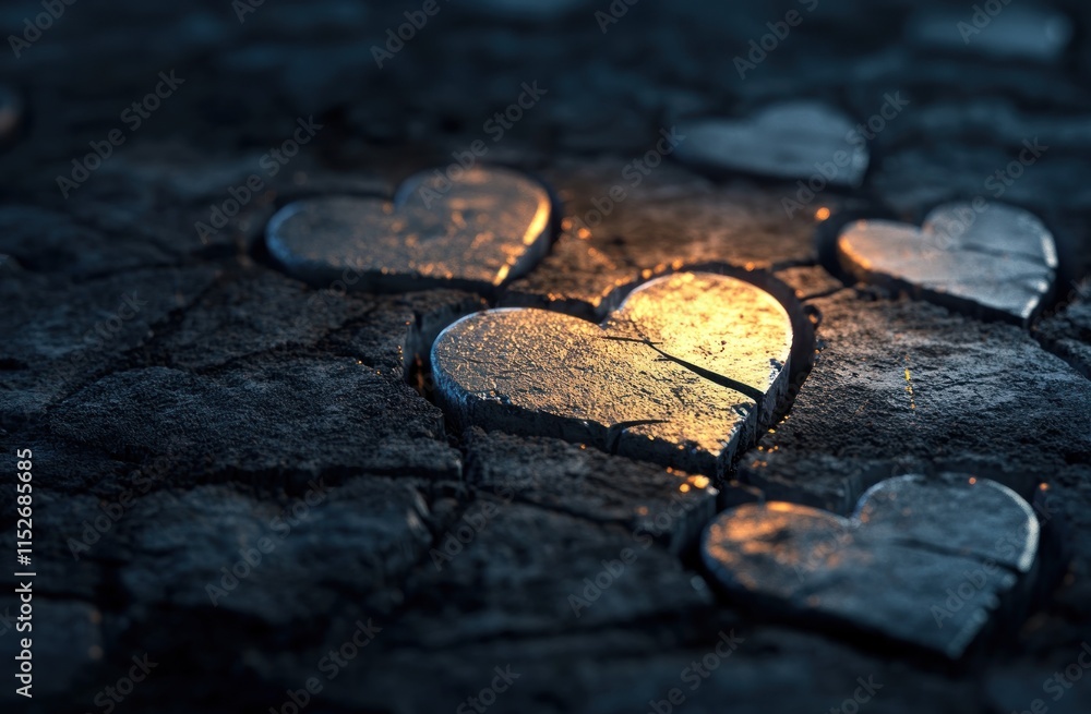 Poster a close-up of illuminated heart shapes on a textured surface, evoking love and warmth.
