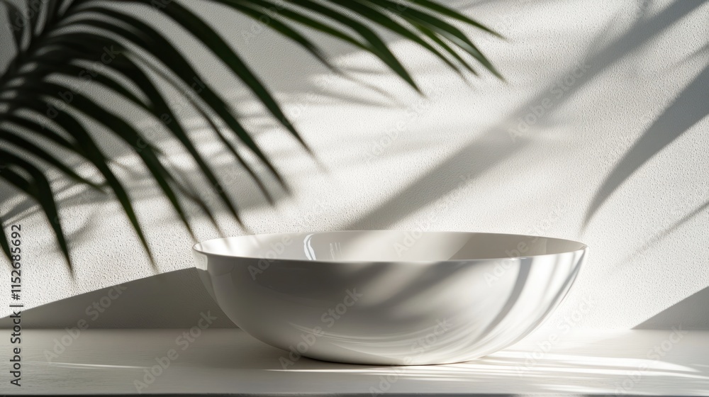 Aufkleber a minimalist white bowl on a surface, illuminated by soft light and shadows from a plant.