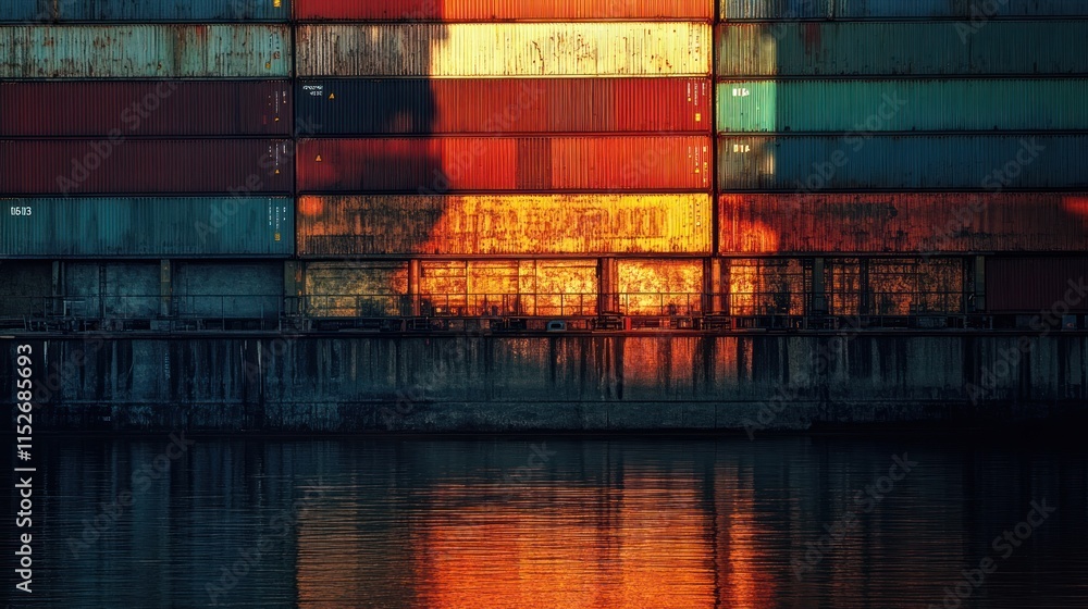 Poster a colorful arrangement of shipping containers reflecting on calm water.