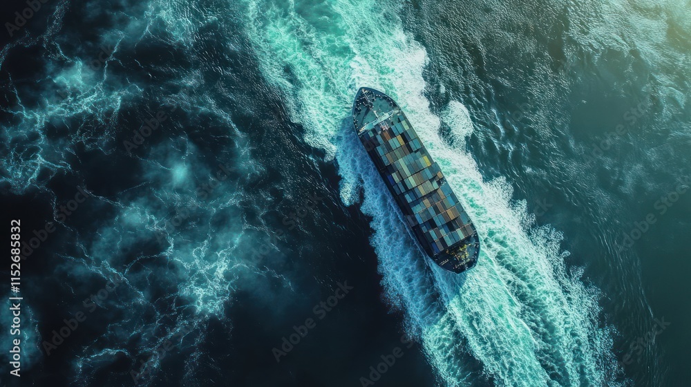 Poster aerial view of a cargo ship navigating through ocean waters, leaving a wake behind.