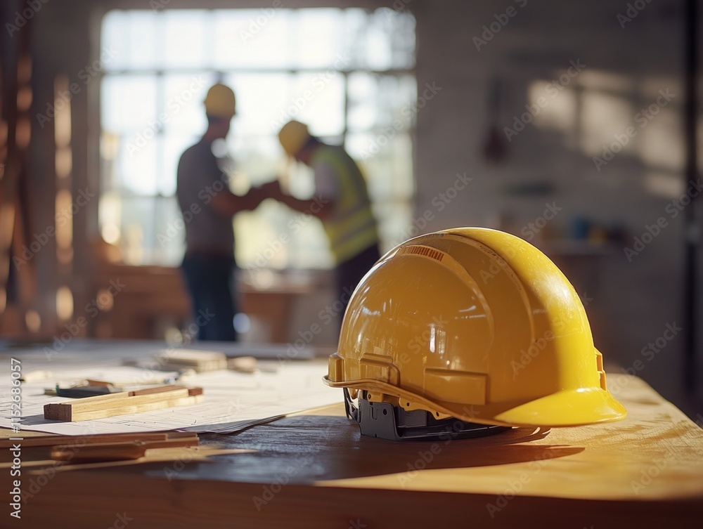 Aufkleber A construction site with a yellow hard hat on a table and workers discussing in the background.