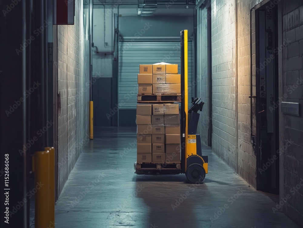 Poster A warehouse corridor with a pallet jack and stacked boxes in a loading area.
