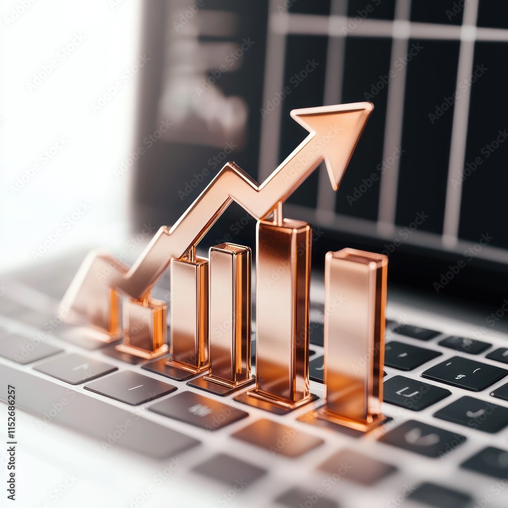 Poster a rising graph on a laptop keyboard symbolizes business growth and success.