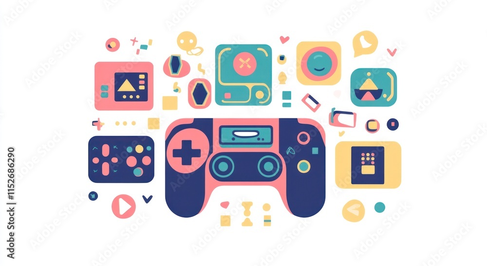 Poster A colorful illustration of gaming elements featuring a controller and various game-related icons.
