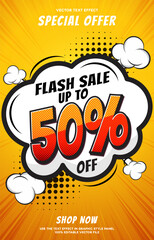 Background colorful promotional poster for a flash sale special offer discounts up to 50% off