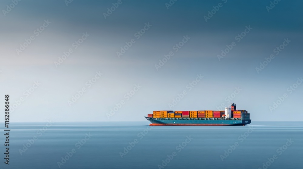 Poster A large cargo ship with colorful containers floating on calm waters under a clear sky.