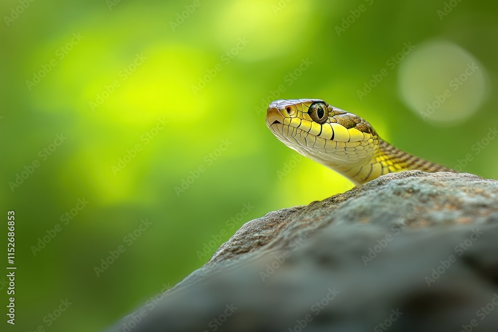Aufkleber a close-up of a snake resting on a rock with a blurred green background.