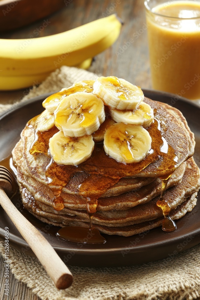 Poster a stack of pancakes topped with banana slices and syrup, served with a drink.