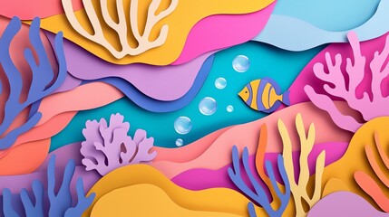 A vibrant underwater scene featuring colorful coral formations and a playful fish swimming through layered paper textures.