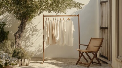Cream-colored linen clothes hang on a wooden rack outdoors, near a chair. Perfect for minimalist fashion, summer style, or clothing brand websites.