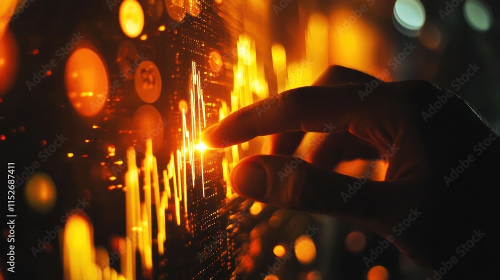 Fototapete A hand interacts with a glowing digital interface displaying data trends.