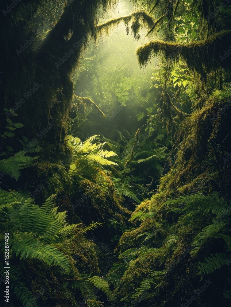 Poster A serene, lush forest scene with vibrant ferns and soft light filtering through the trees.