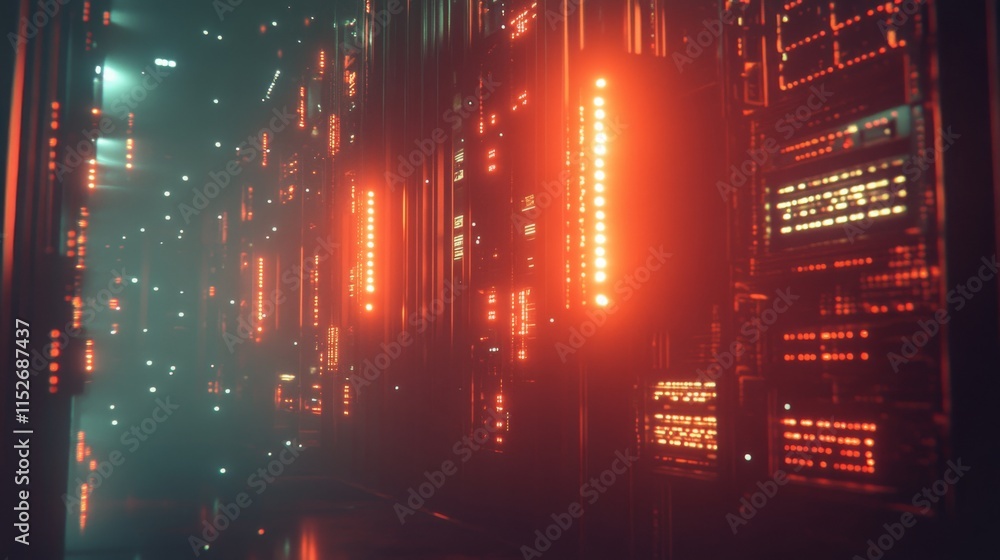 Poster futuristic server room with soft lighting and animations