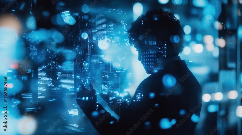 Leinwandbilder a silhouette of a person interacting with digital data and technology visuals.