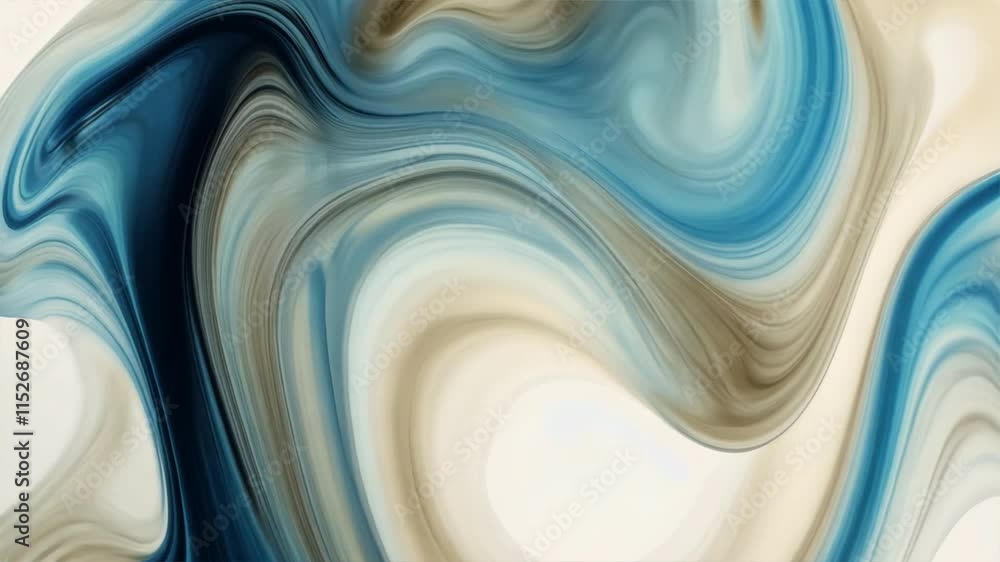 Poster tranquil fluid abstract art smooth waves in blue and beige design for modern spaces, evoking calm an