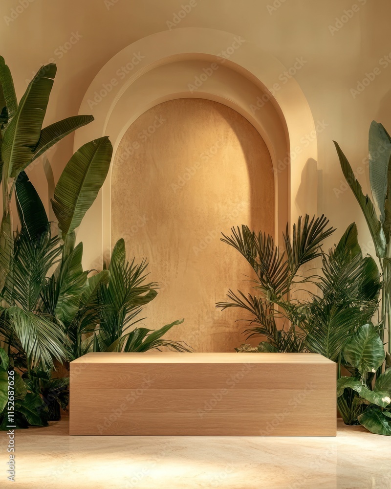 Aufkleber a minimalist indoor space featuring a wooden platform surrounded by lush greenery and soft lighting.