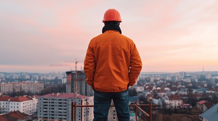 A construction worker in an orange jacket and helmet stands on a rooftop, overlooking a cityscape at sunset.