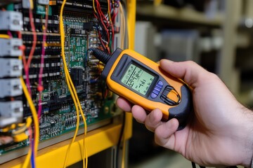A technician holding a digital multimeter, carefully measuring current flow on an electronic circuit board, with wires and components in the background.