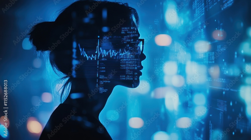 Aufkleber a silhouette of a person against a backdrop of data and digital elements.