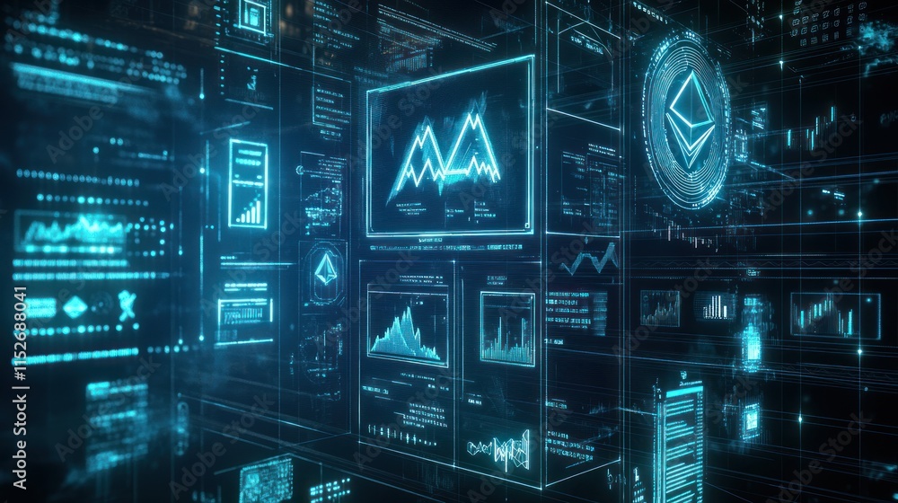 Aufkleber Futuristic digital interface displaying data analytics and cryptocurrency metrics.