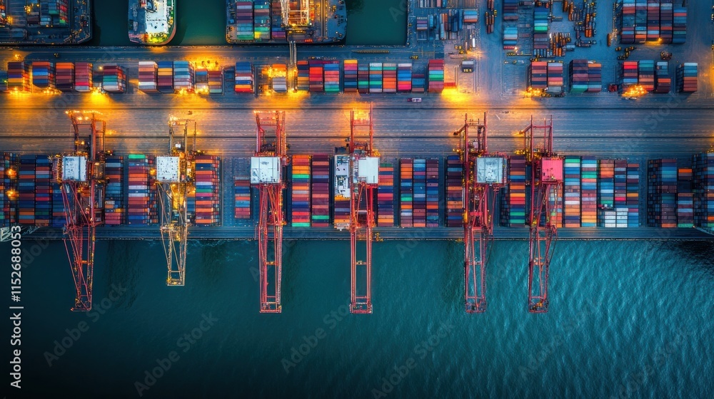 Poster Aerial view of a busy shipping port with containers and cranes illuminated at night.