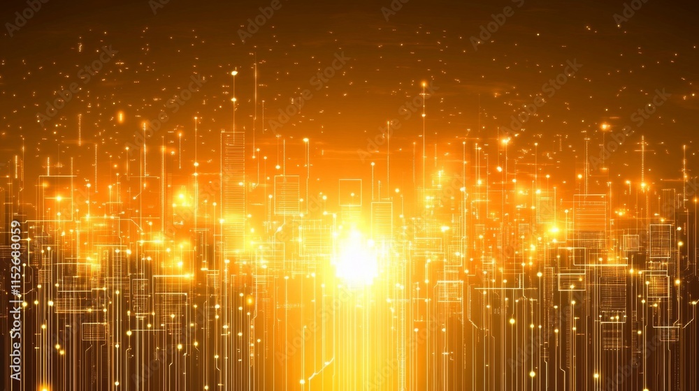 Poster glowing microchips in minimalist computing style