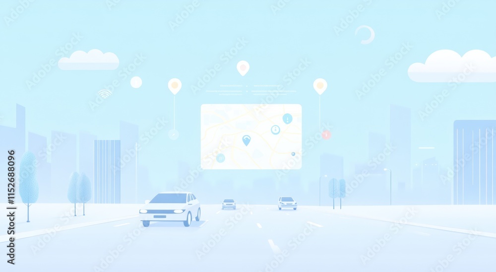 Poster A minimalist cityscape with a map interface and vehicles, emphasizing navigation and connectivity.