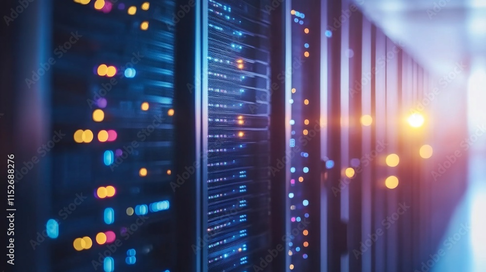 Poster glowing server racks in dimly lit data center