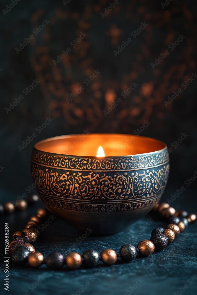 Aufkleber a decorative bowl with a candle, surrounded by beads, creating a serene atmosphere.