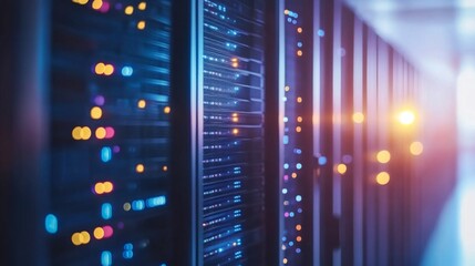 Glowing Server Racks in Dimly Lit Data Center