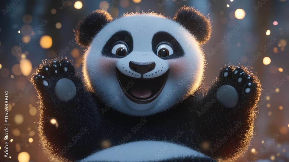 Poster a cheerful cartoon panda with a joyful expression, surrounded by a magical atmosphere.