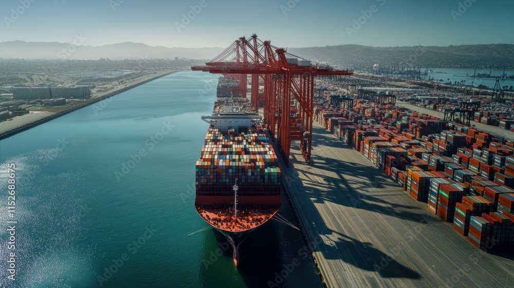 Poster Aerial view of a cargo ship at a busy port with stacked containers and cranes.
