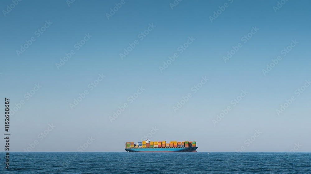 Poster a large container ship sailing on calm waters under a clear blue sky.