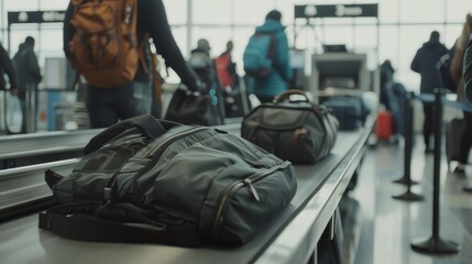 Obraz premium Close-up of traveler placing bag on conveyor belt at airport security checkpoint, showcasing meticulous security process with focus on bag and conveyor belt.