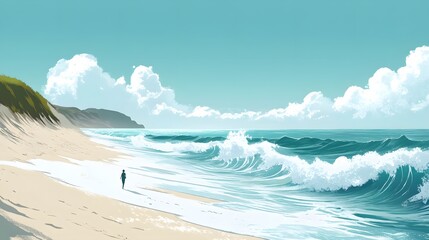 A figure walking toward a glowing light at the end of a dark icy cavern