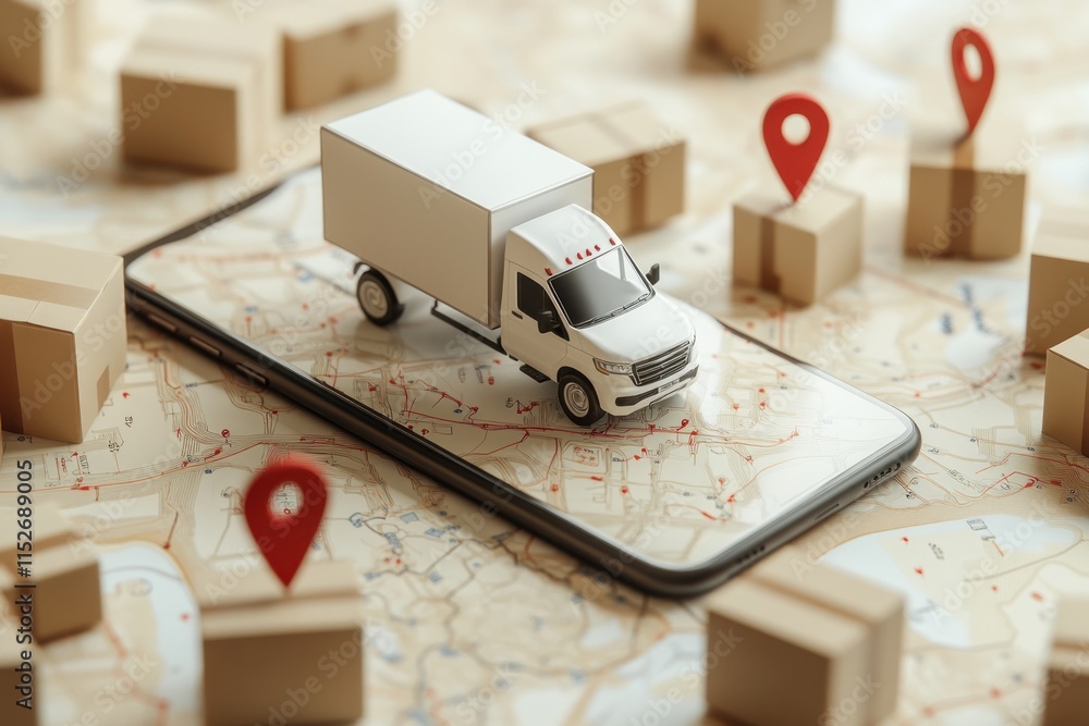 Poster a miniature truck on a smartphone displaying a map, symbolizing logistics and delivery.