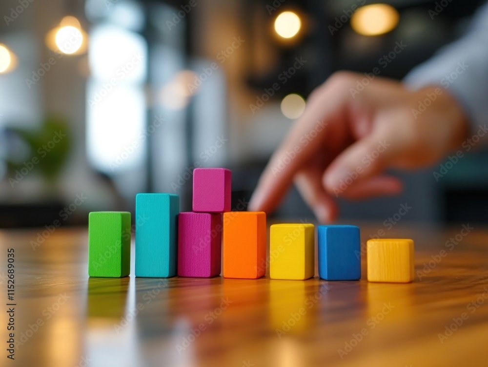 Aufkleber a hand interacts with colorful blocks arranged in ascending order on a wooden table.
