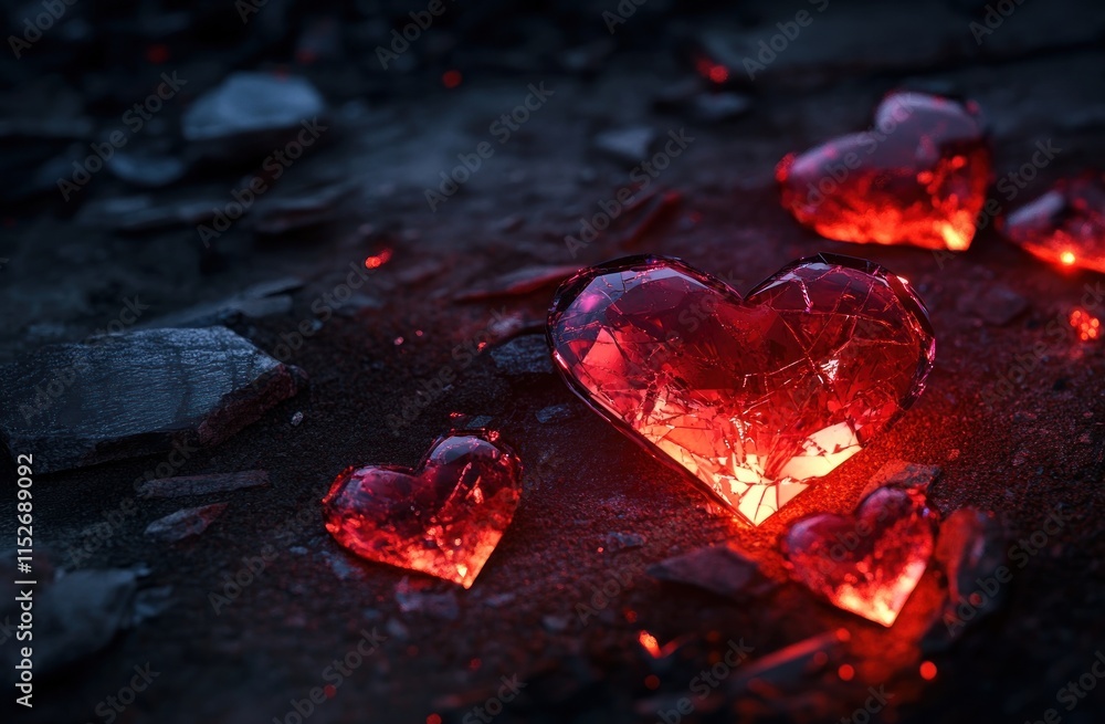 Poster glowing crystal hearts scattered on a dark surface, creating a mystical atmosphere.