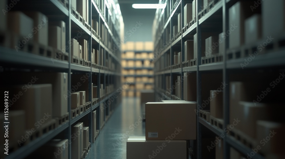 Poster a storage facility with shelves filled with cardboard boxes, creating an organized environment.