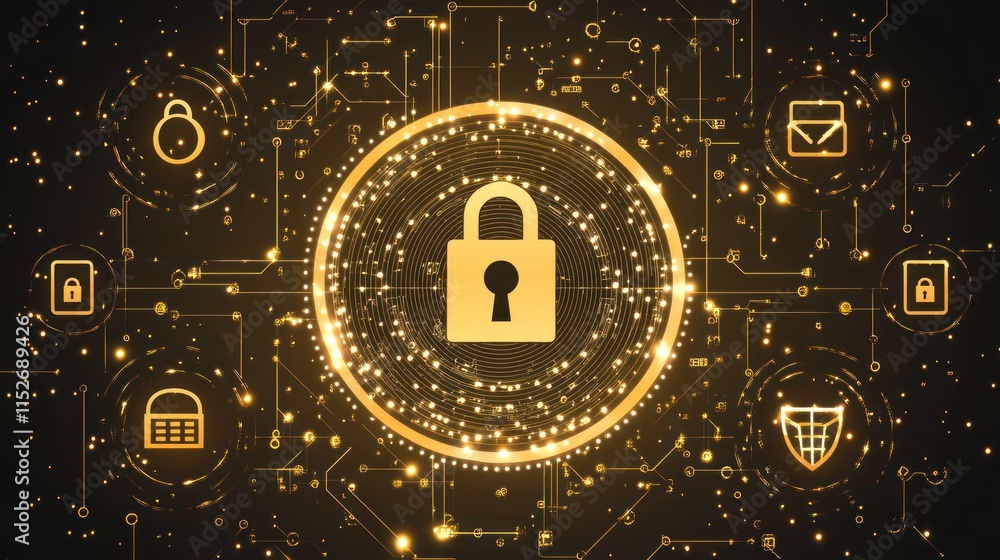 Poster A digital lock symbol surrounded by icons representing security and connectivity.