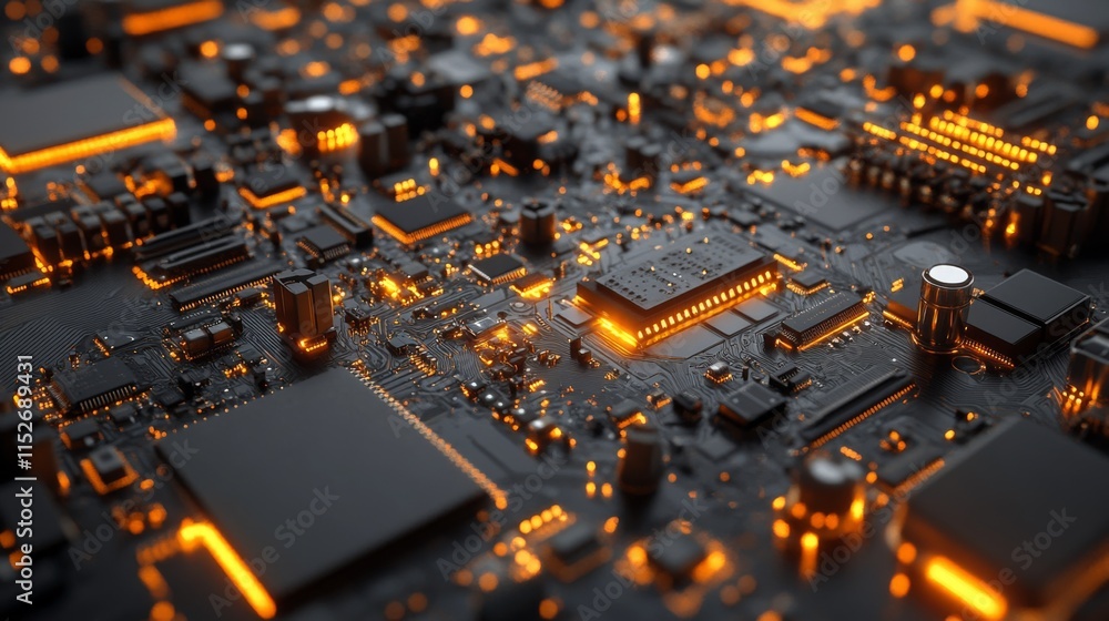 Poster microchip designs on a tech surface in sharp light